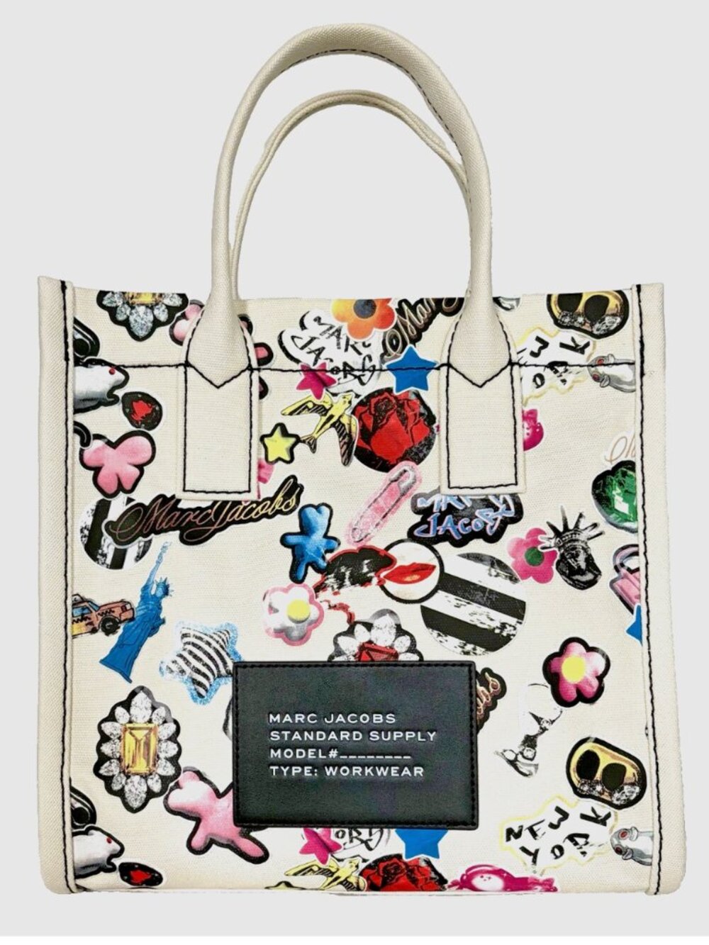 New Marc Jacobs Cotton Canvas Graphic Sticker-Print Medium Tote White Multi